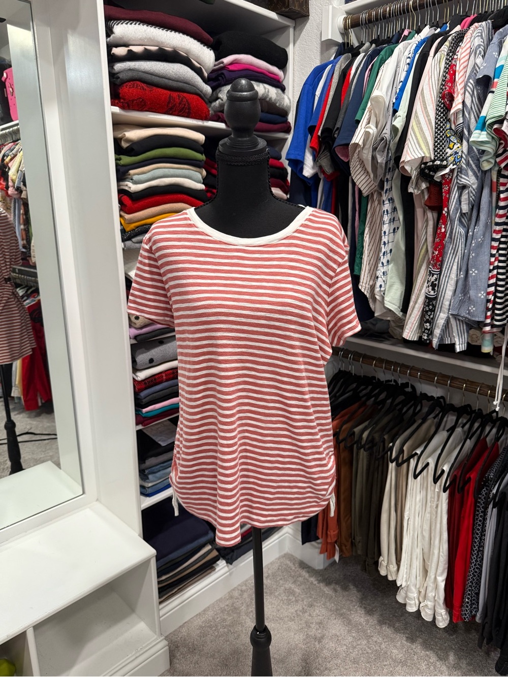 Liz Claiborne Coral and White Striped Short-Sleeve Tee